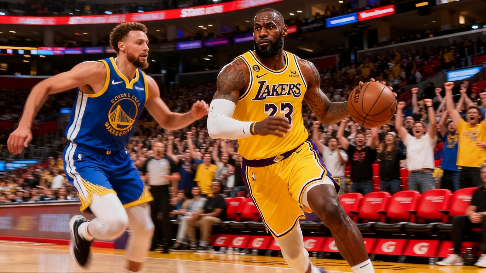 NBA比赛现场，湖人队勒布朗·詹姆斯持球突破，勇士队防守球员紧追不舍，斯台普斯中心观众纷纷起立欢呼，球场灯光璀璨气氛紧张